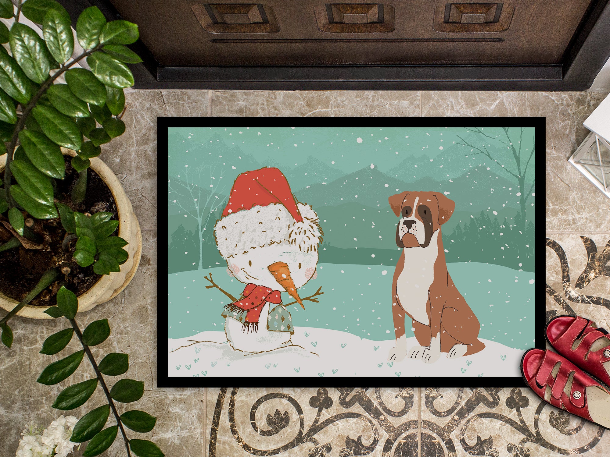 Fawn Boxer and Snowman Christmas Indoor or Outdoor Mat 18x27 CK2036MAT - the-store.com