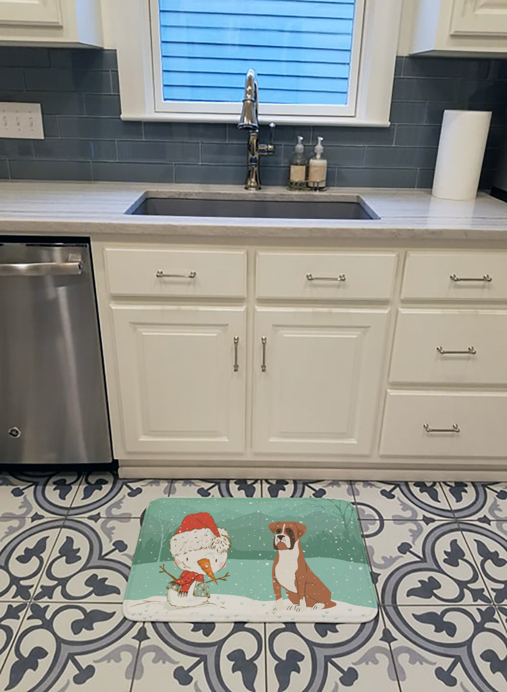 Fawn Boxer and Snowman Christmas Machine Washable Memory Foam Mat CK2036RUG - the-store.com