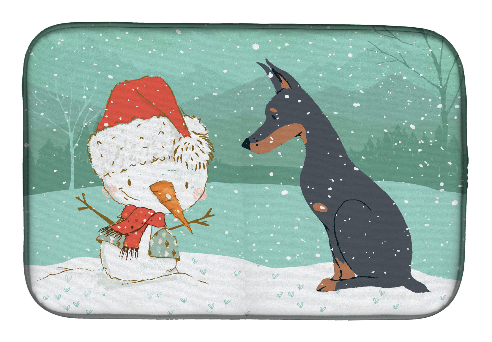 Doberman and Snowman Christmas Dish Drying Mat CK2038DDM  the-store.com.