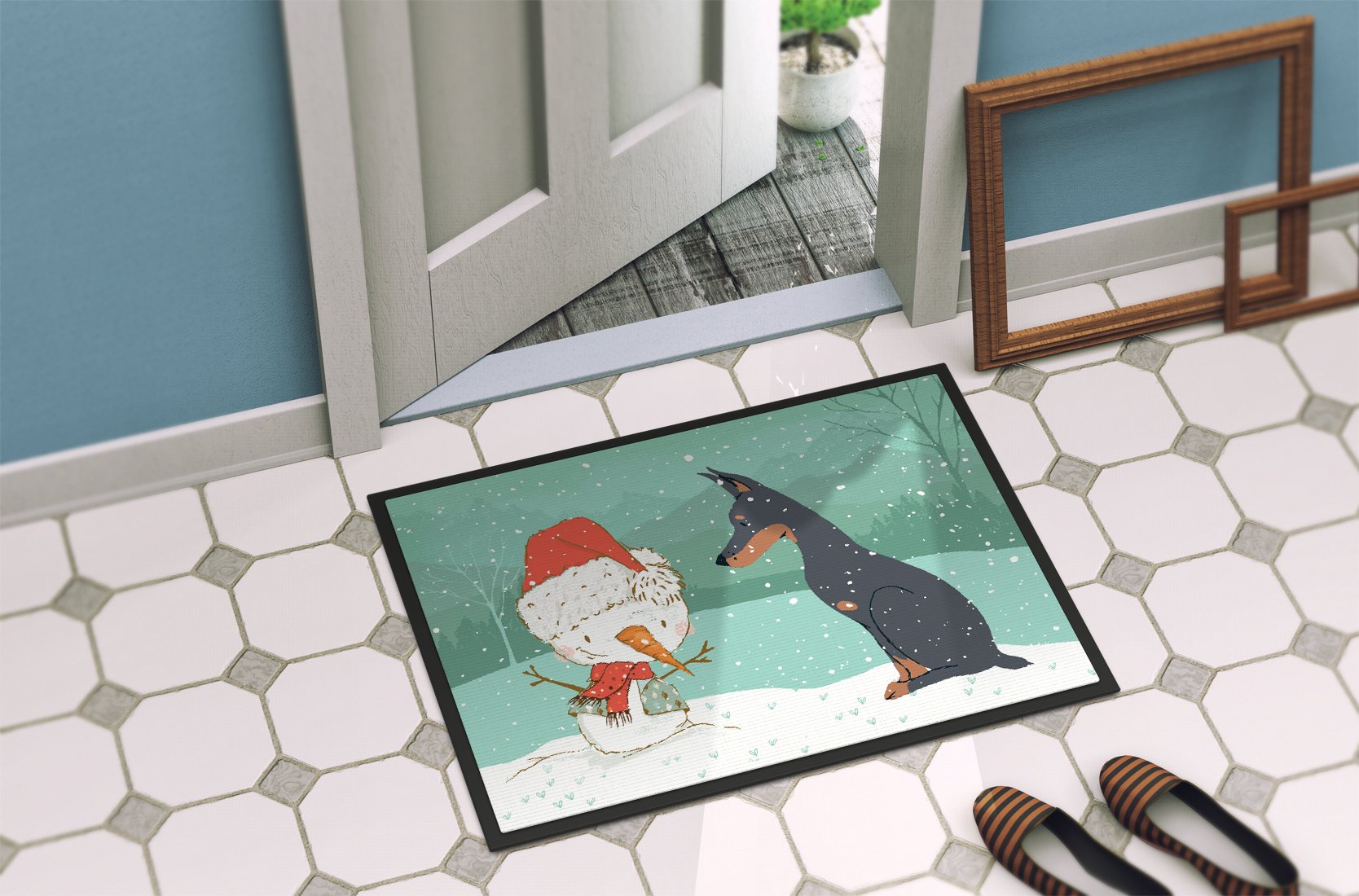 Doberman and Snowman Christmas Indoor or Outdoor Mat 24x36 CK2038JMAT by Caroline's Treasures