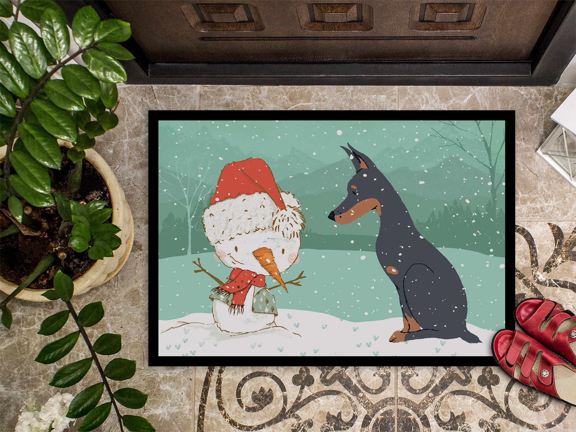 Doberman and Snowman Christmas Indoor or Outdoor Mat 18x27 CK2038MAT - the-store.com