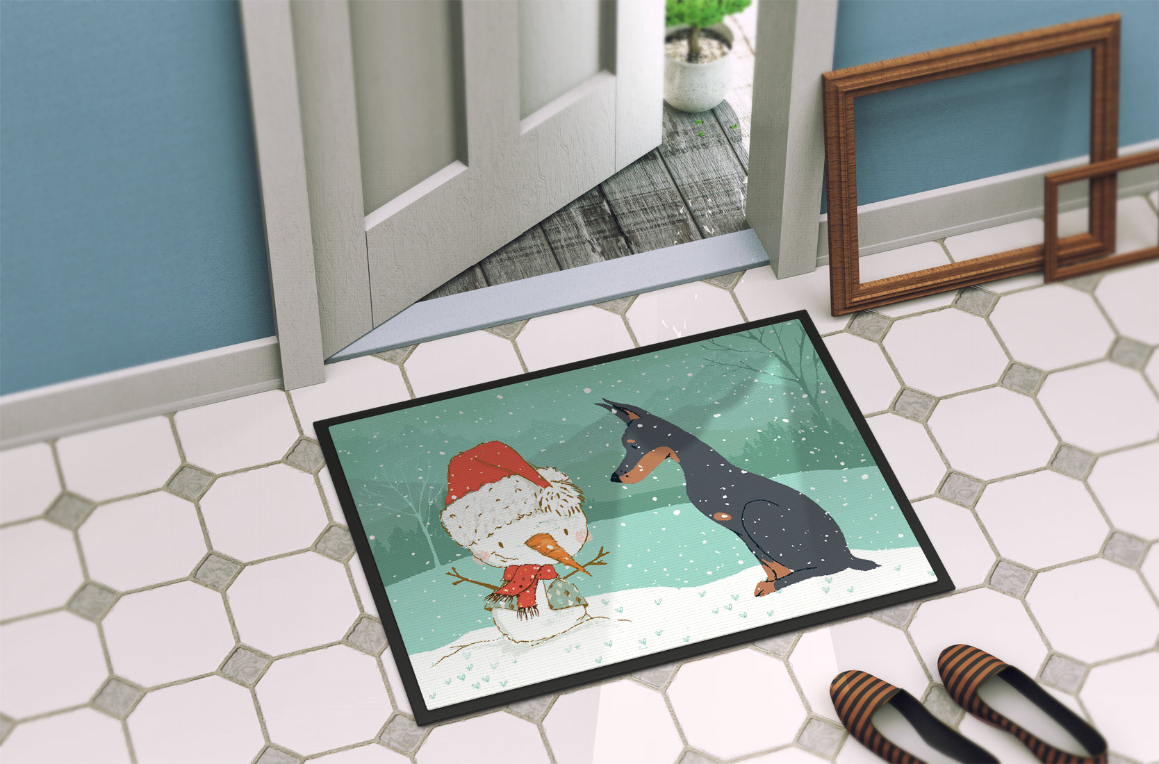 Doberman and Snowman Christmas Indoor or Outdoor Mat 18x27 CK2038MAT - the-store.com