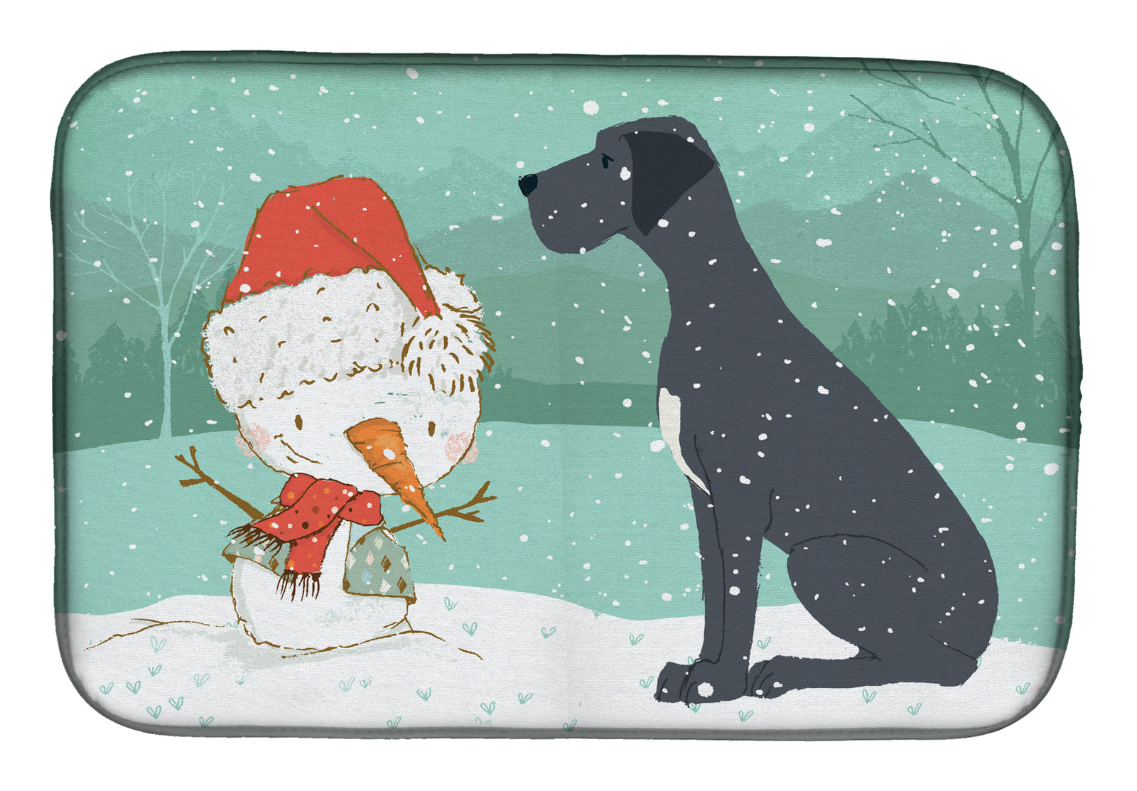 Black Great Dane and Snowman Christmas Dish Drying Mat CK2039DDM  the-store.com.