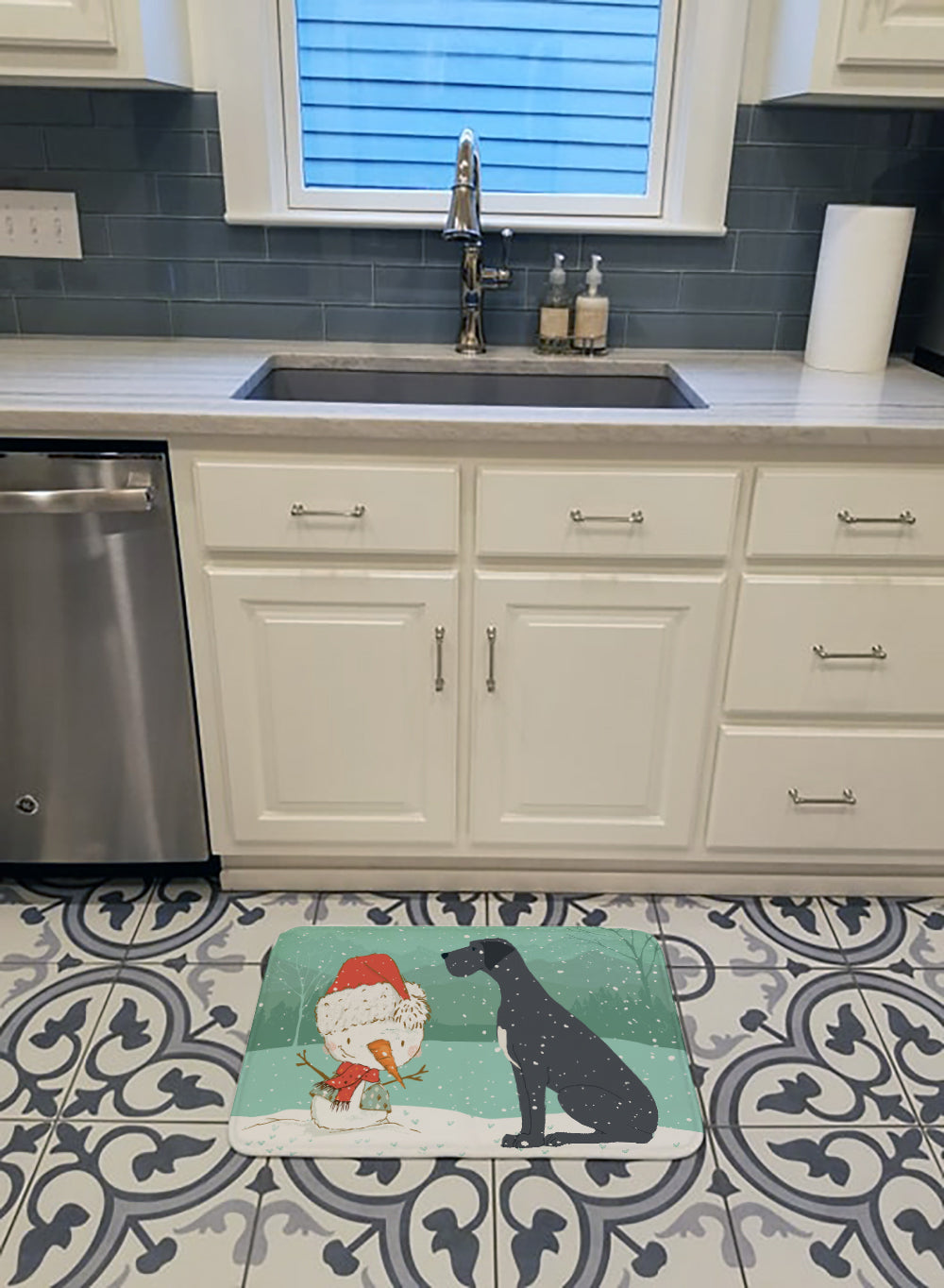 Black Great Dane and Snowman Christmas Machine Washable Memory Foam Mat CK2039RUG - the-store.com