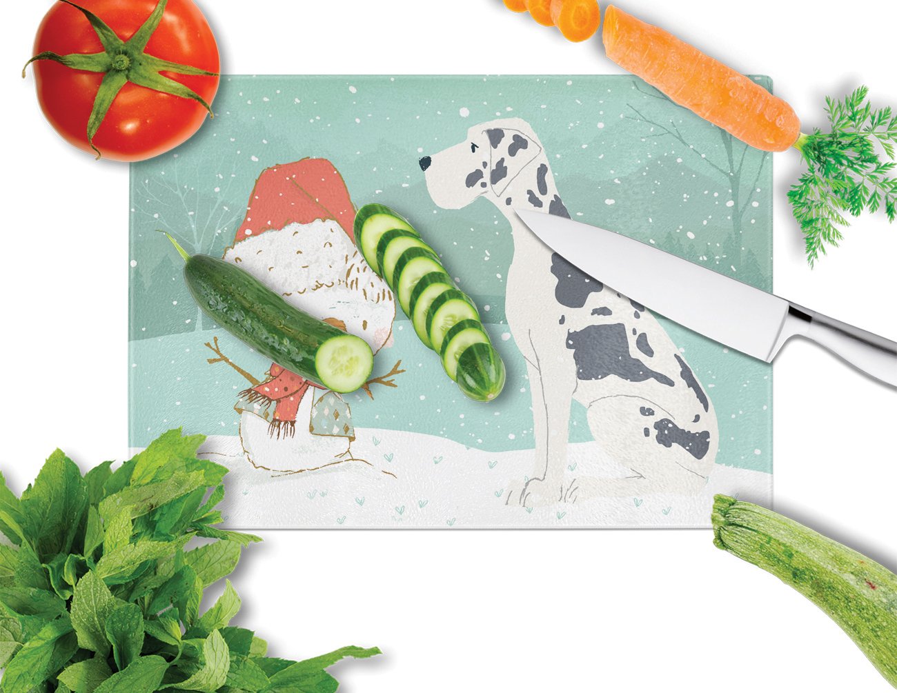 Harlequin Great Dane Snowman Christmas Glass Cutting Board Large CK2042LCB by Caroline's Treasures