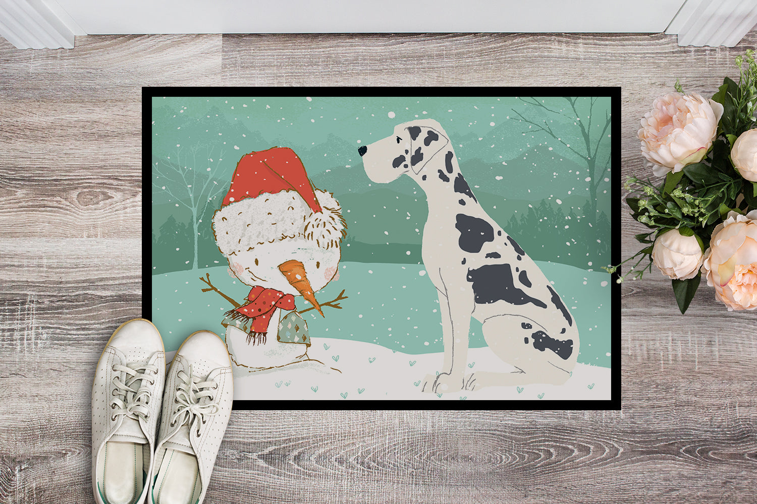 Harlequin Great Dane Snowman Christmas Indoor or Outdoor Mat 18x27 CK2042MAT - the-store.com