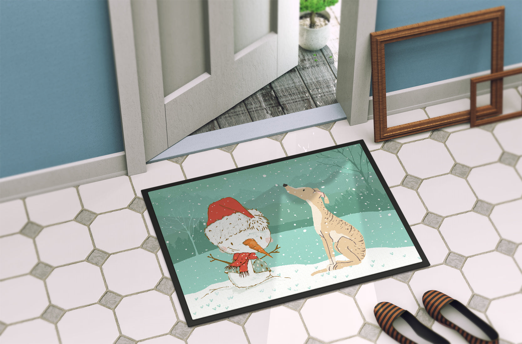 Brindle Greyhound Snowman Christmas Indoor or Outdoor Mat 18x27 CK2043MAT - the-store.com