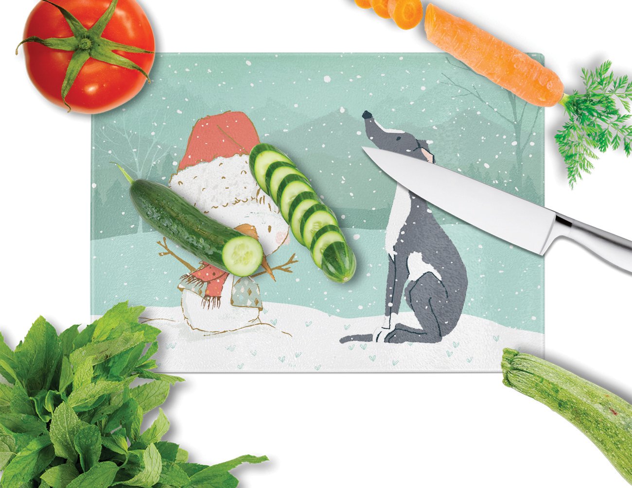 Black Greyhound Snowman Christmas Glass Cutting Board Large CK2044LCB by Caroline's Treasures