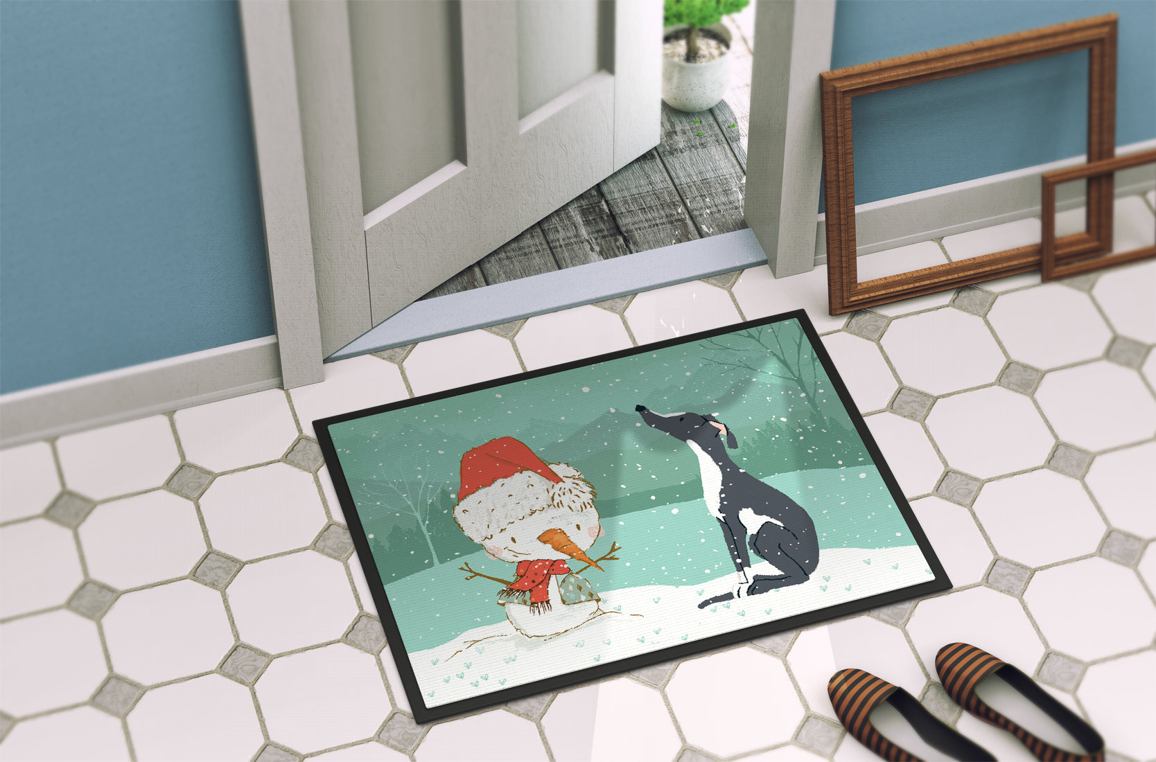 Black Greyhound Snowman Christmas Indoor or Outdoor Mat 18x27 CK2044MAT - the-store.com