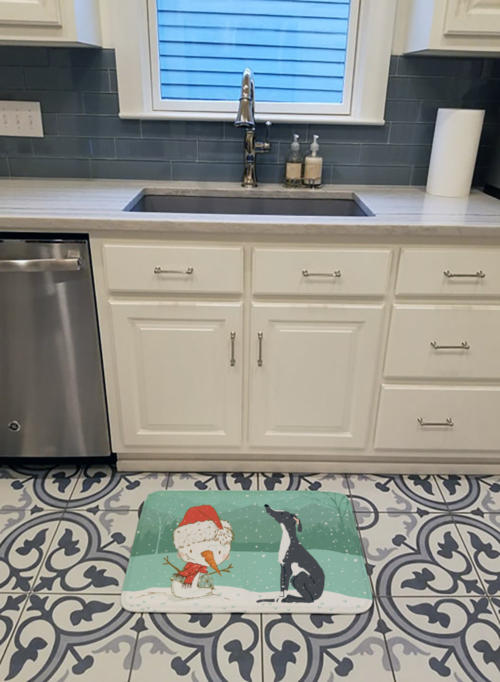 Black Greyhound Snowman Christmas Machine Washable Memory Foam Mat CK2044RUG - the-store.com