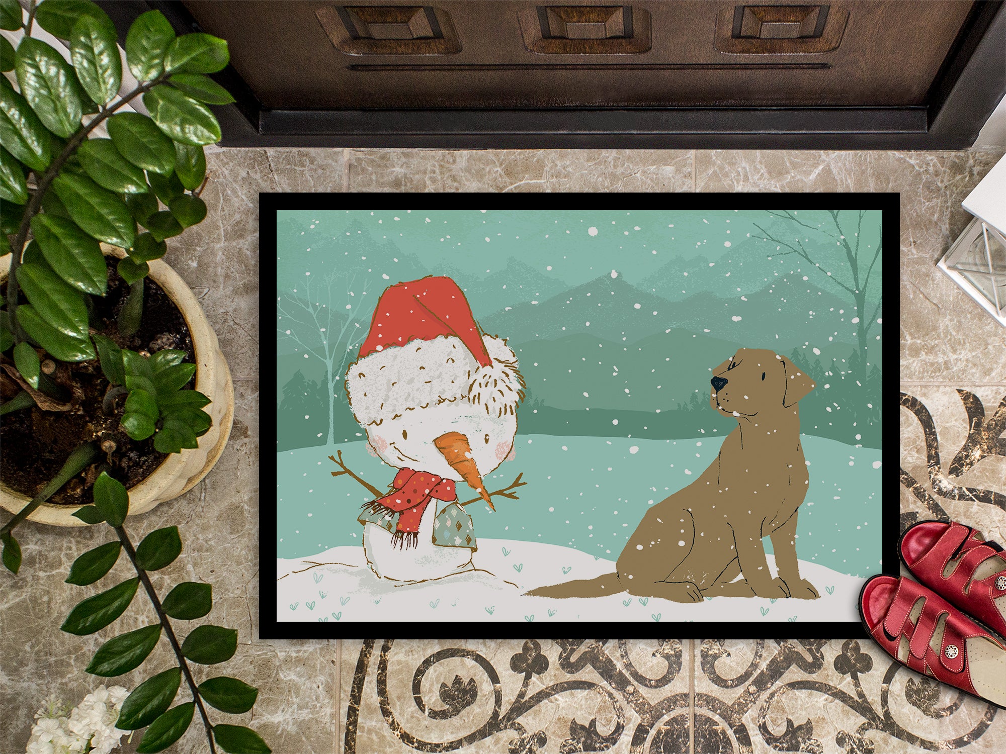 Chocolate Labrador Snowman Christmas Indoor or Outdoor Mat 18x27 CK2048MAT - the-store.com