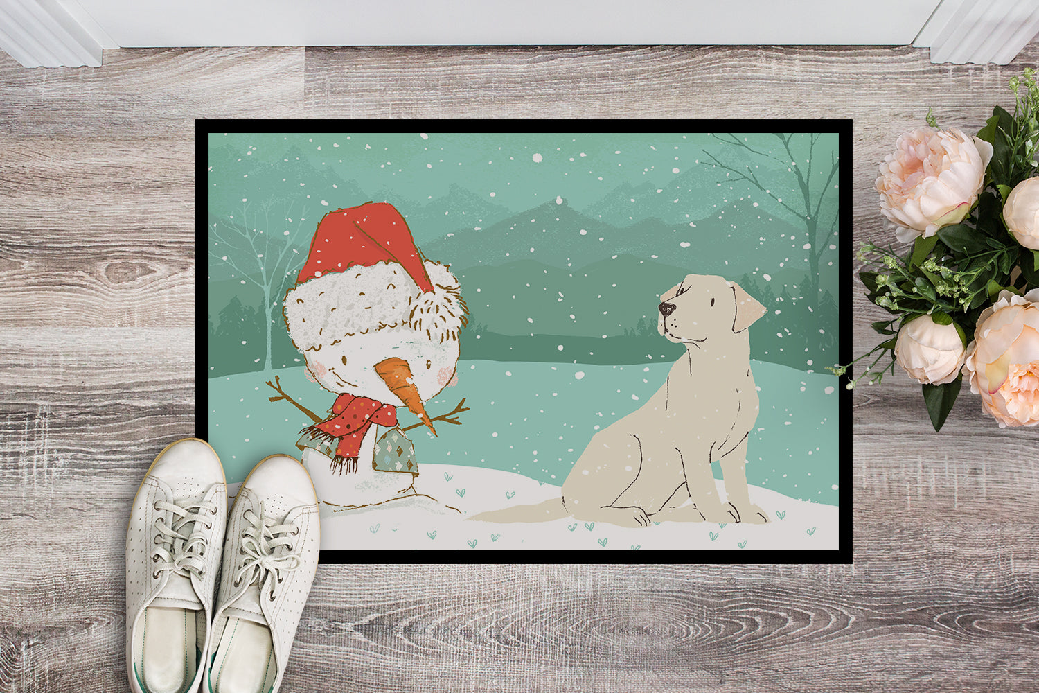 Yellow Labrador Snowman Christmas Indoor or Outdoor Mat 18x27 CK2049MAT - the-store.com