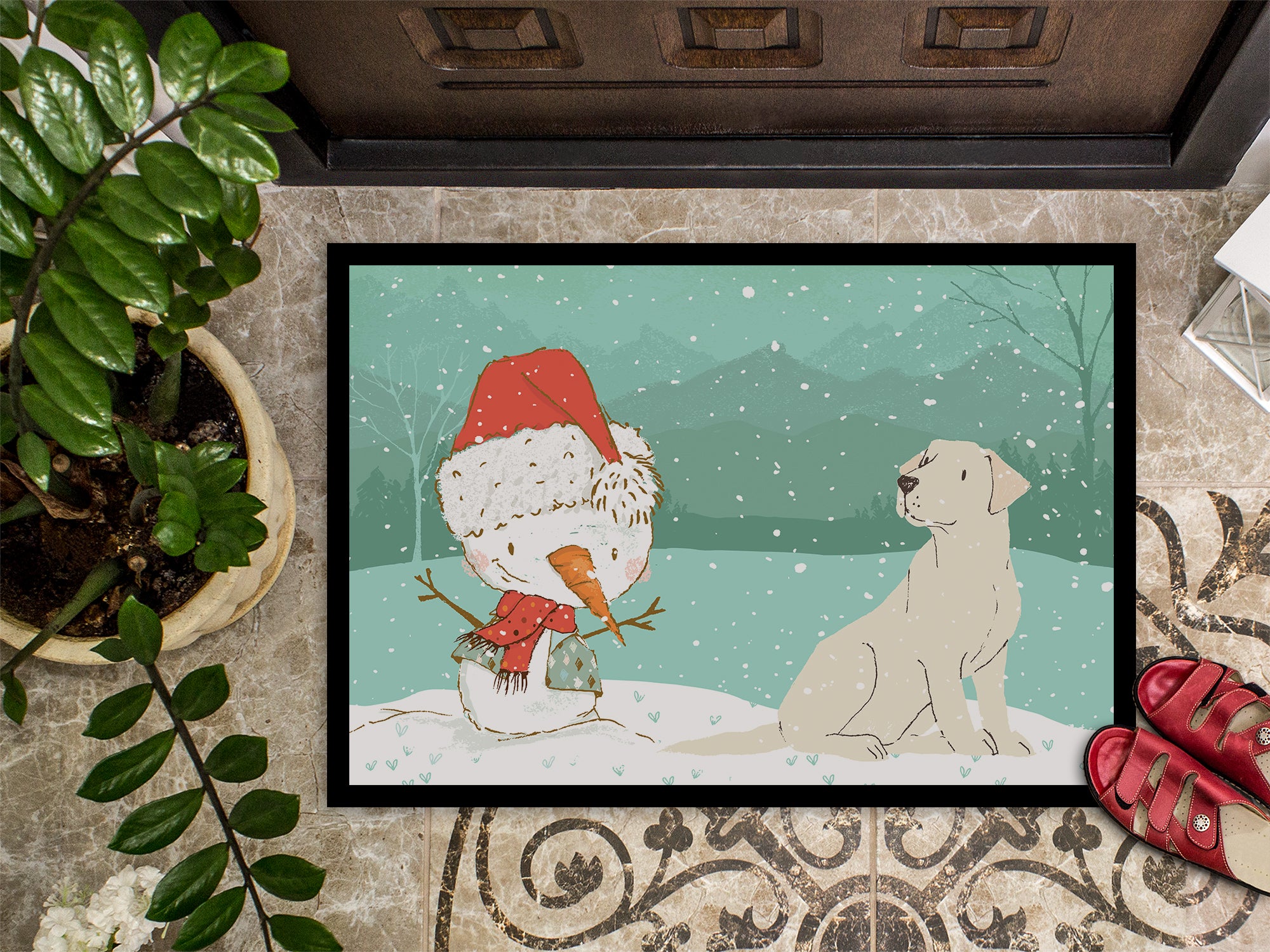 Yellow Labrador Snowman Christmas Indoor or Outdoor Mat 18x27 CK2049MAT - the-store.com