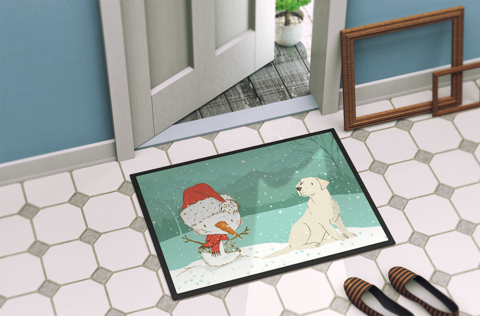 Yellow Labrador Snowman Christmas Indoor or Outdoor Mat 18x27 CK2049MAT - the-store.com