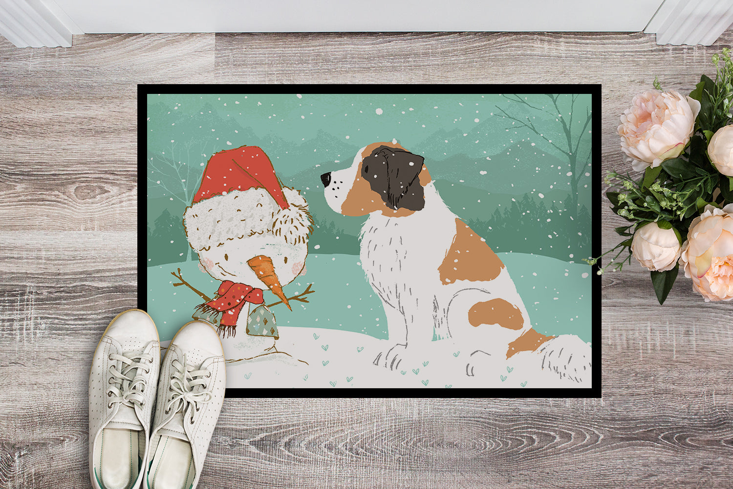 Saint Bernard Snowman Christmas Indoor or Outdoor Mat 18x27 CK2050MAT - the-store.com