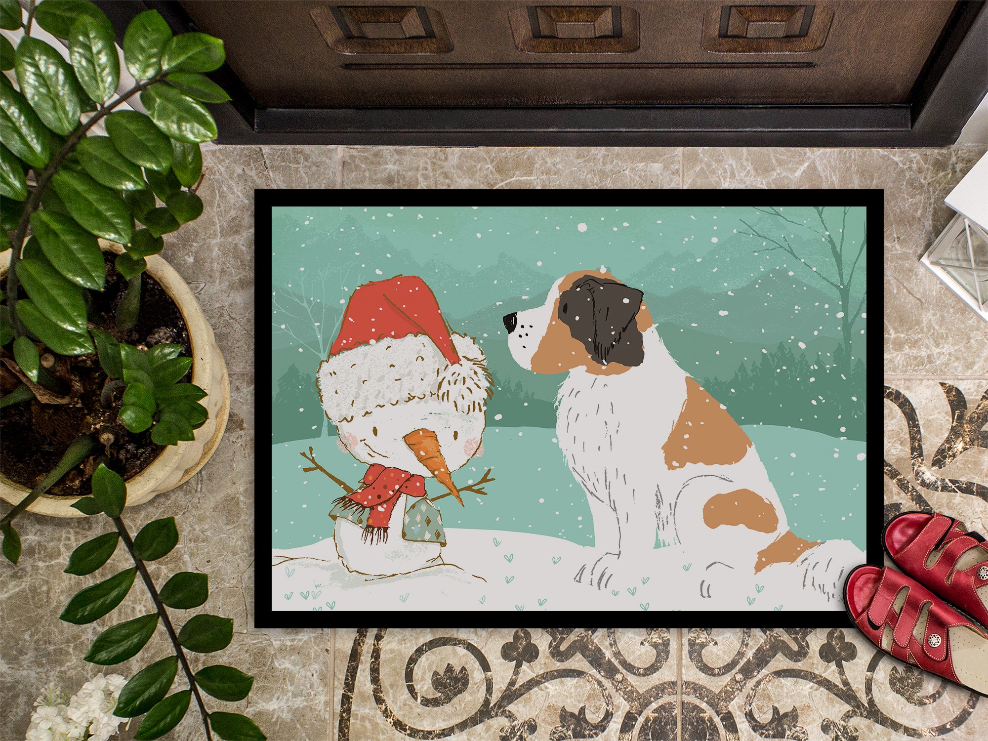 Saint Bernard Snowman Christmas Indoor or Outdoor Mat 18x27 CK2050MAT - the-store.com