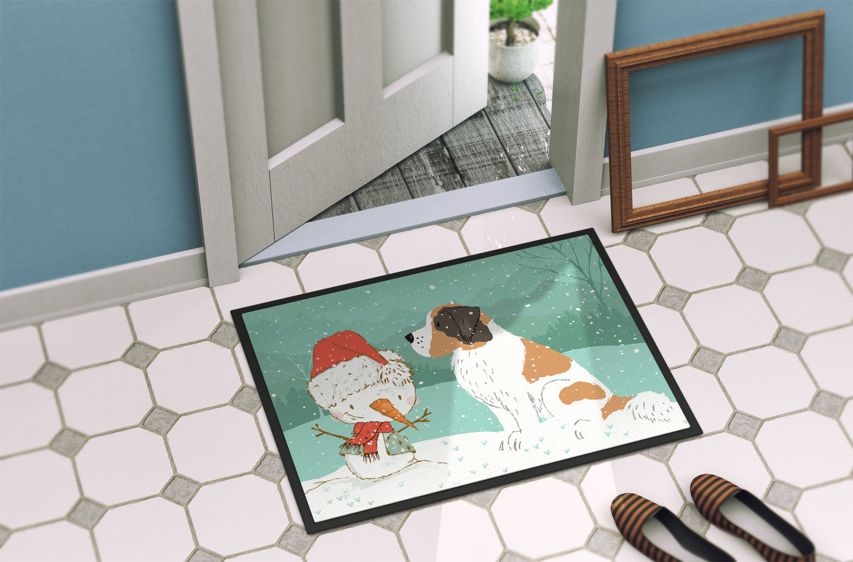 Saint Bernard Snowman Christmas Indoor or Outdoor Mat 18x27 CK2050MAT - the-store.com