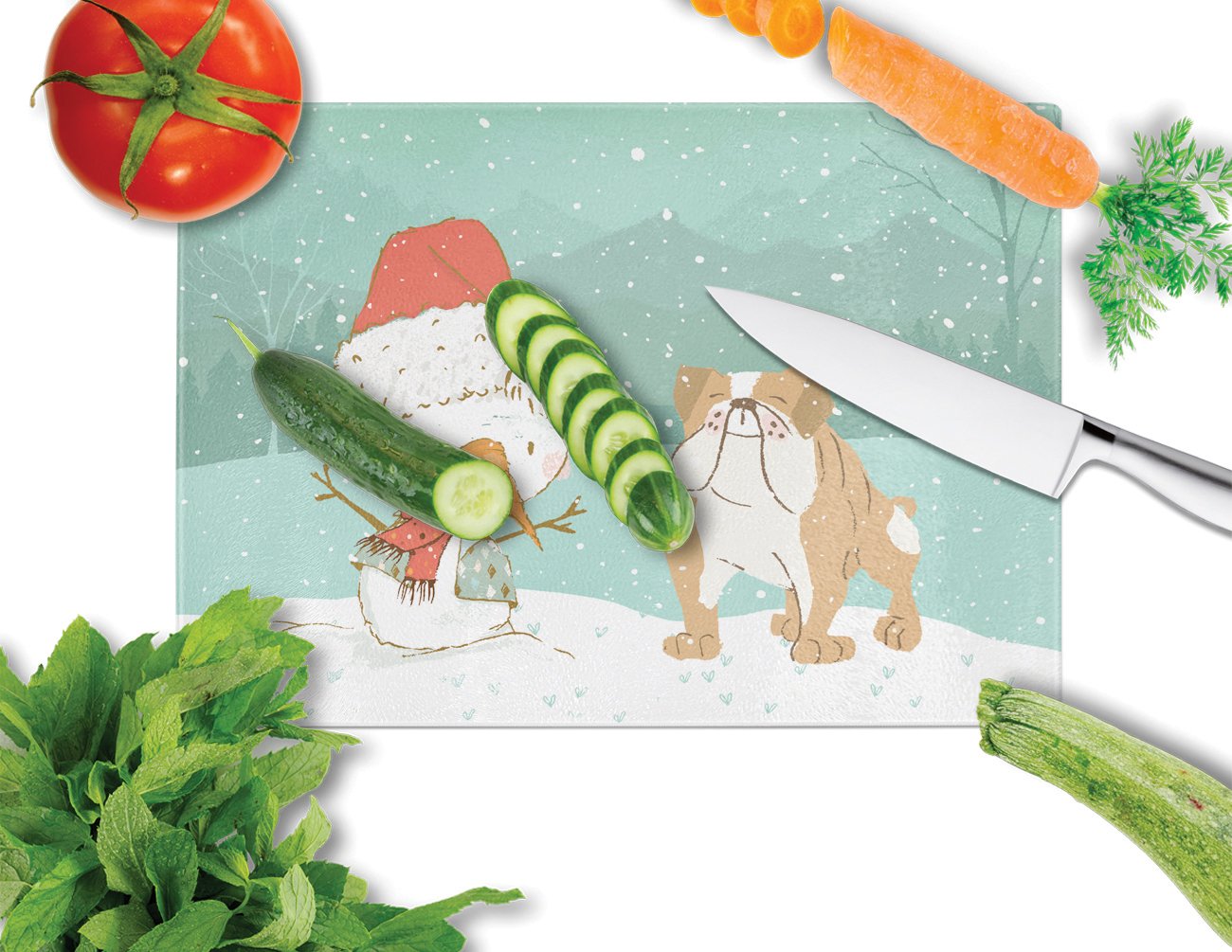 English Bulldog Snowman Christmas Glass Cutting Board Large CK2053LCB by Caroline's Treasures