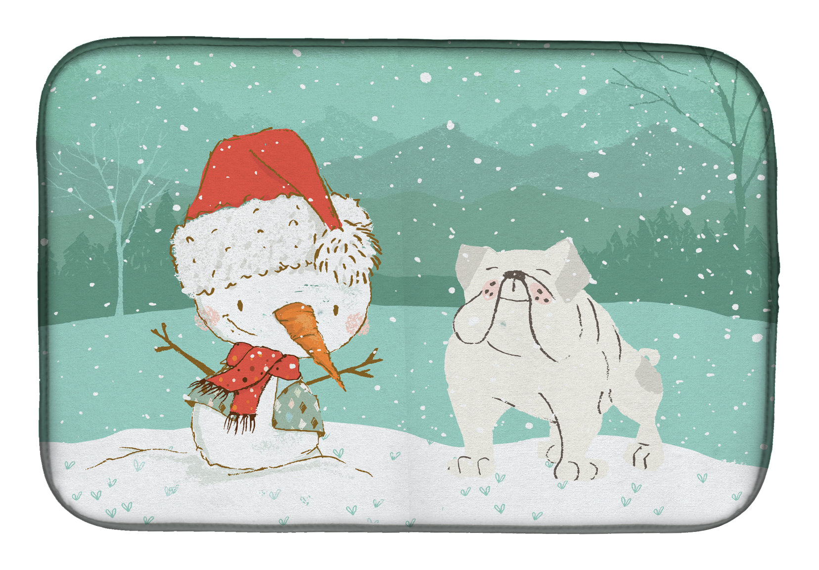 White English Bulldog Snowman Christmas Dish Drying Mat CK2054DDM  the-store.com.