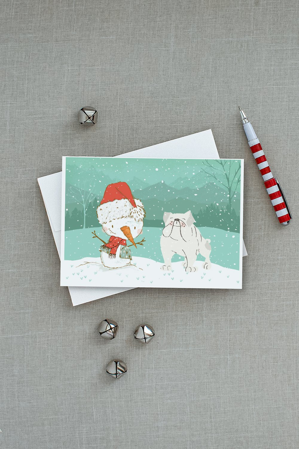 White English Bulldog Snowman Christmas Greeting Cards and Envelopes Pack of 8 - the-store.com