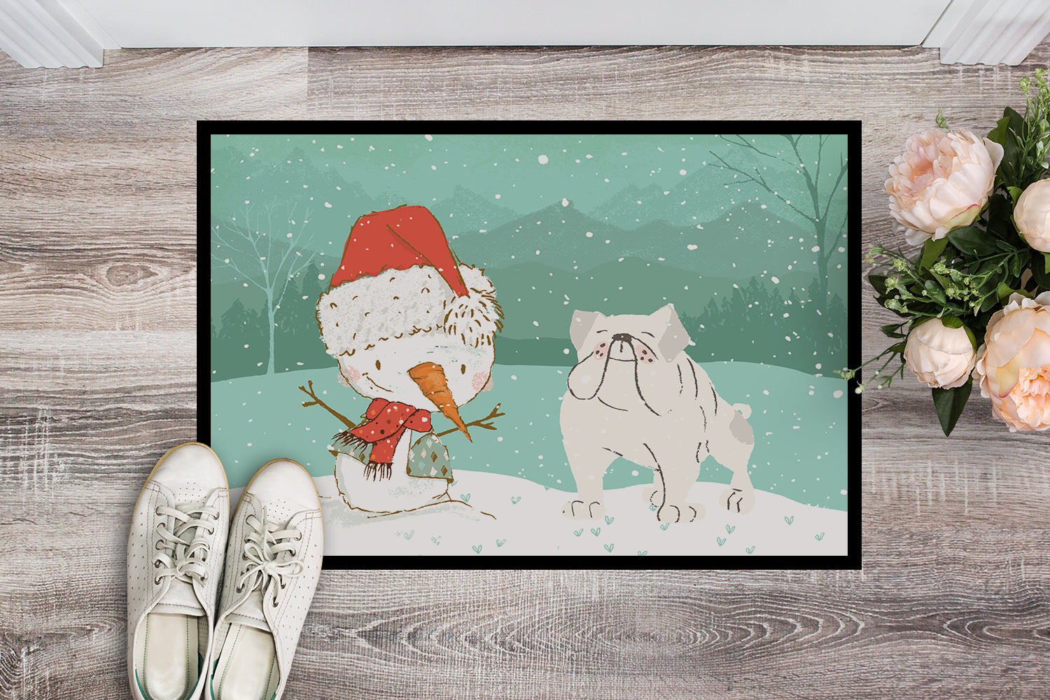 White English Bulldog Snowman Christmas Indoor or Outdoor Mat 18x27 CK2054MAT - the-store.com