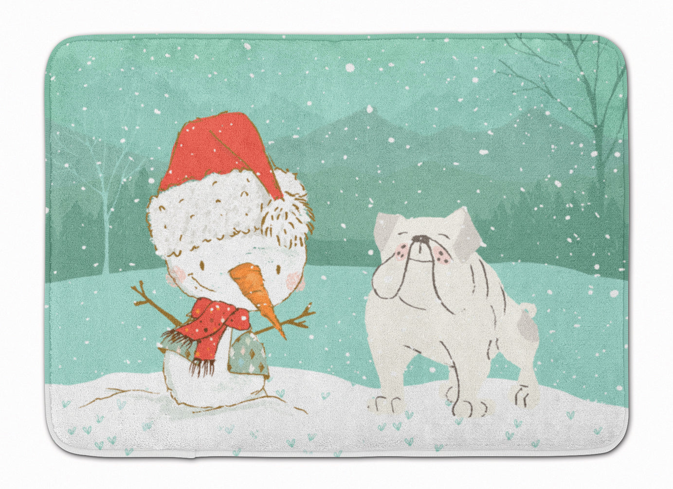 White English Bulldog Snowman Christmas Machine Washable Memory Foam Mat CK2054RUG - the-store.com