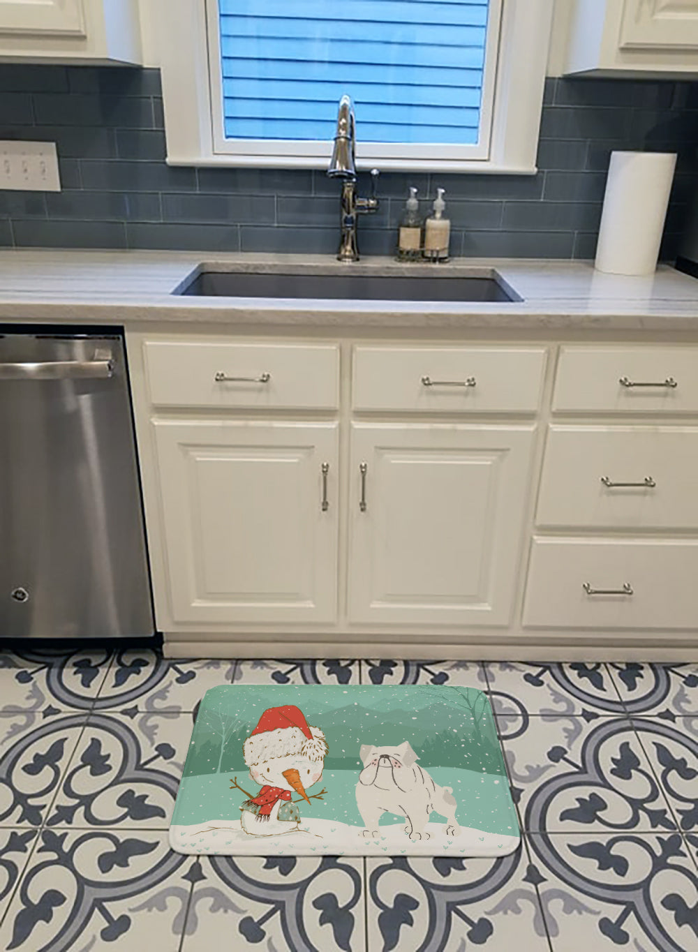 White English Bulldog Snowman Christmas Machine Washable Memory Foam Mat CK2054RUG - the-store.com