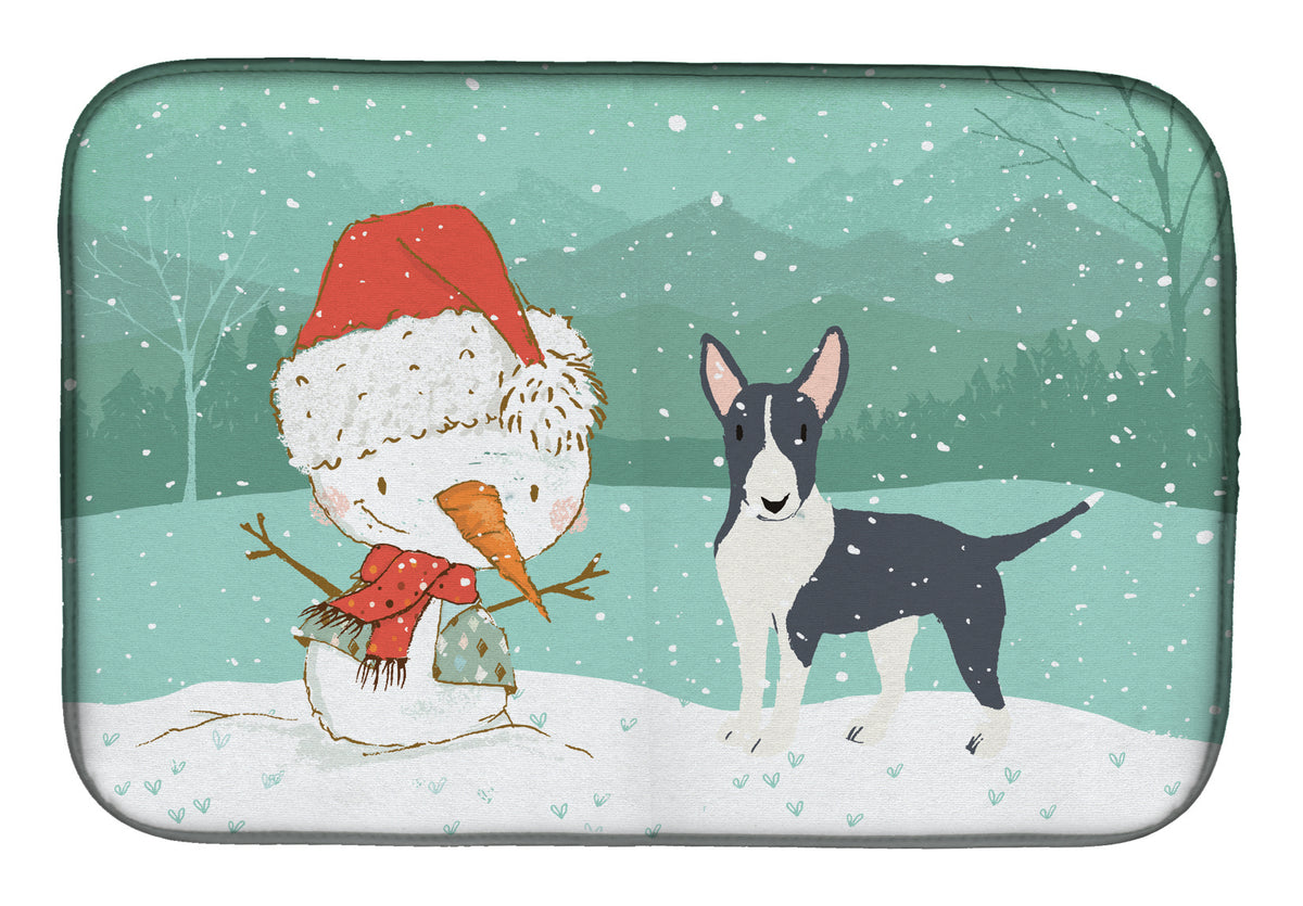 Black Bull Terrier Snowman Christmas Dish Drying Mat CK2055DDM  the-store.com.