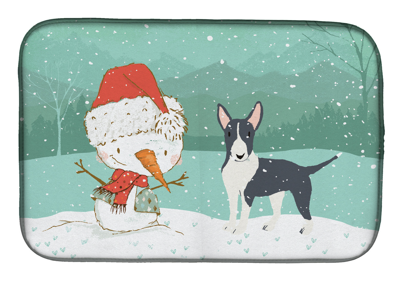 Black Bull Terrier Snowman Christmas Dish Drying Mat CK2055DDM  the-store.com.