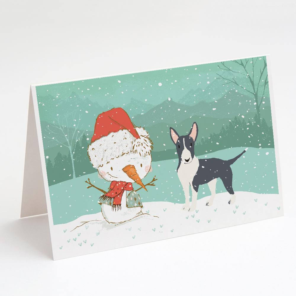 Buy this Black Bull Terrier Snowman Christmas Greeting Cards and Envelopes Pack of 8