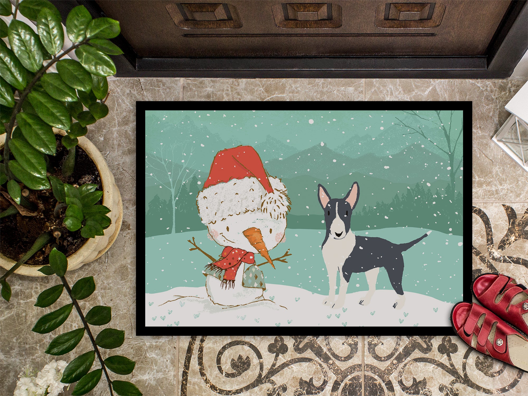 Black Bull Terrier Snowman Christmas Indoor or Outdoor Mat 18x27 CK2055MAT - the-store.com