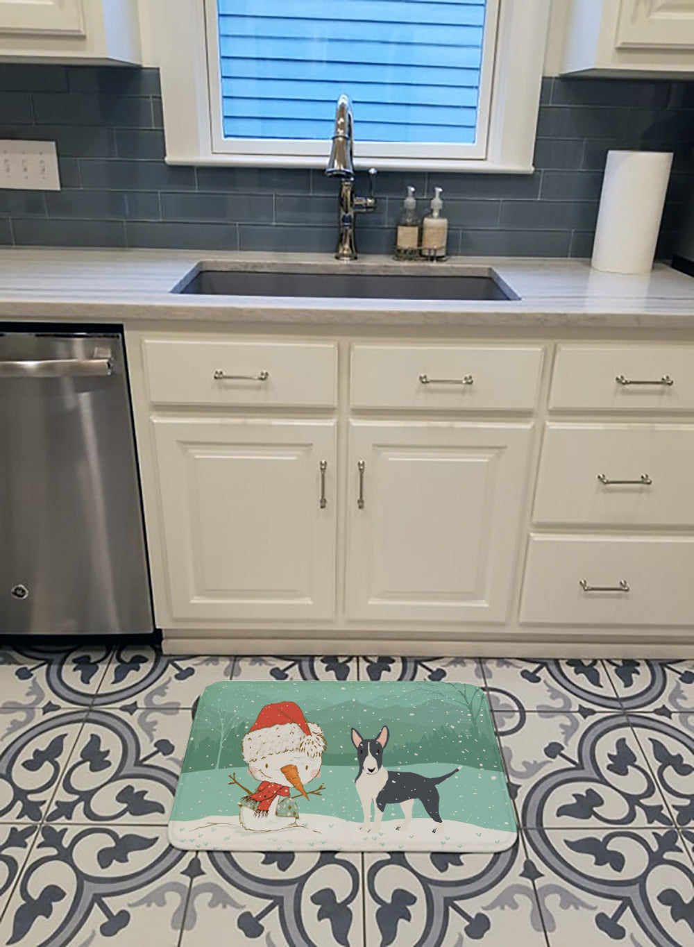 Black Bull Terrier Snowman Christmas Machine Washable Memory Foam Mat CK2055RUG - the-store.com