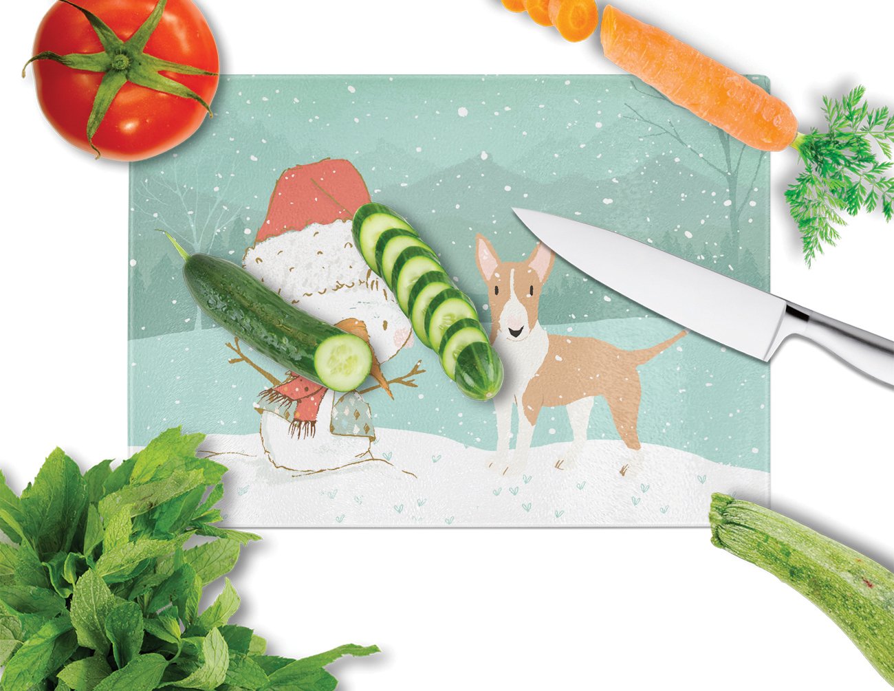 Fawn Bull Terrier Snowman Christmas Glass Cutting Board Large CK2056LCB by Caroline's Treasures