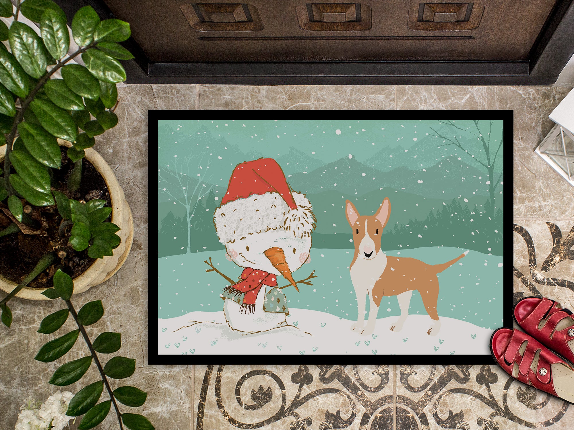 Fawn Bull Terrier Snowman Christmas Indoor or Outdoor Mat 18x27 CK2056MAT - the-store.com