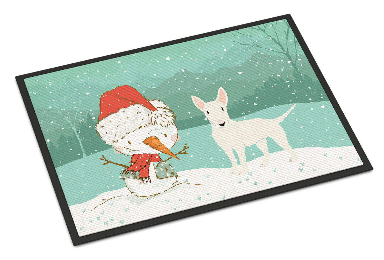 White Bull Terrier Snowman Christmas Indoor or Outdoor Mat 18x27 CK2058MAT - the-store.com