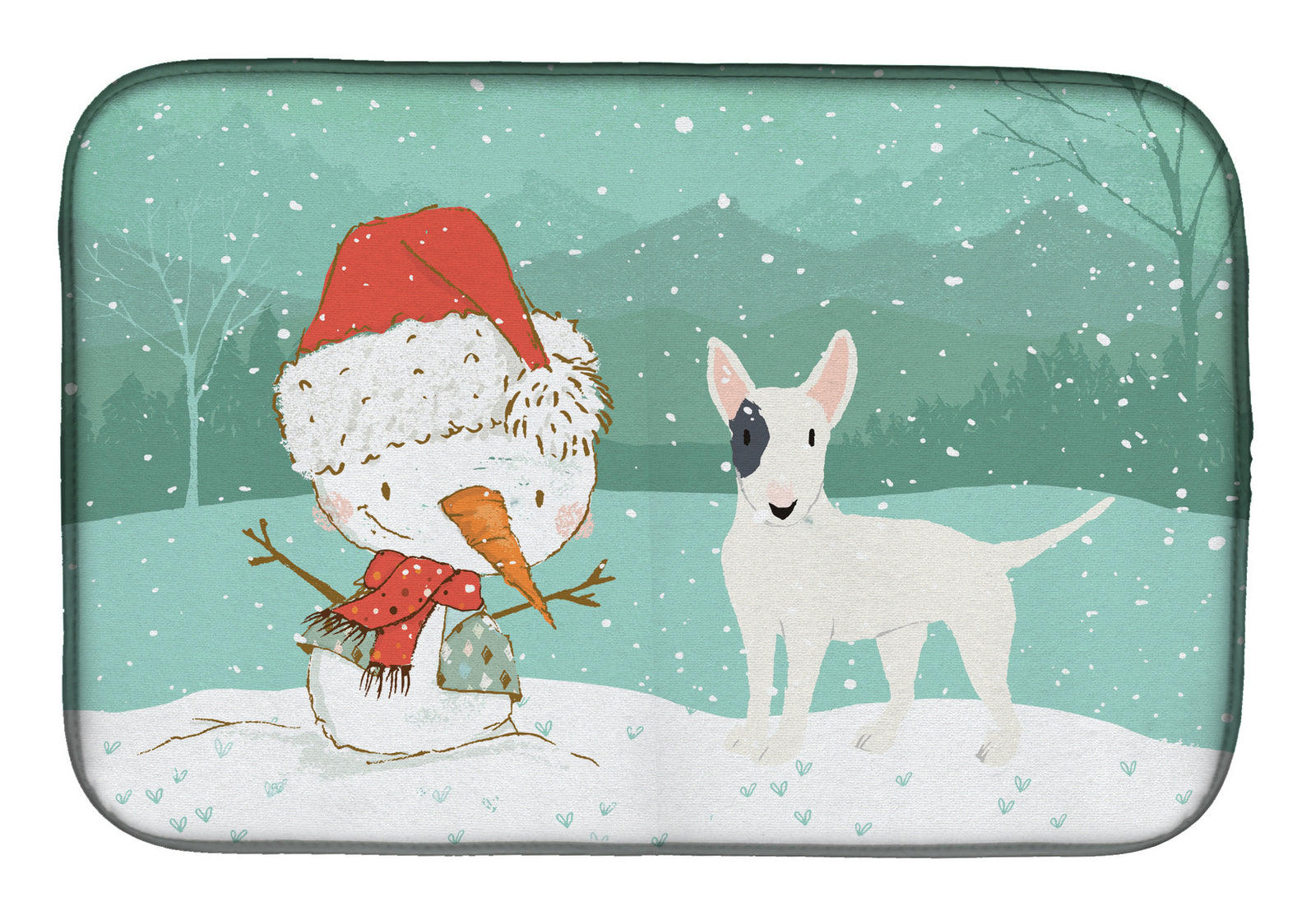 White Spot Bull Terrier Snowman Christmas Dish Drying Mat CK2059DDM  the-store.com.