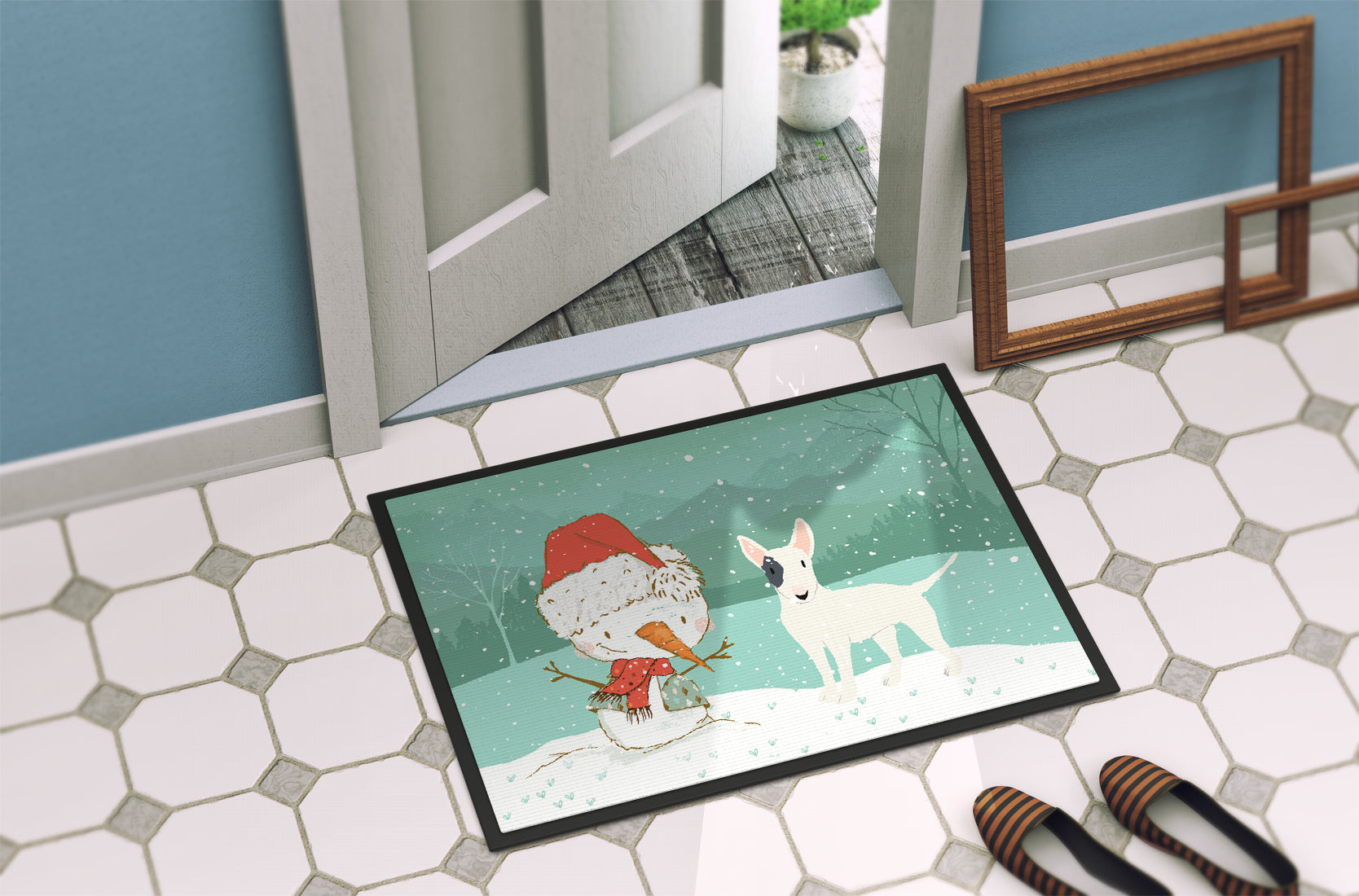 White Spot Bull Terrier Snowman Christmas Indoor or Outdoor Mat 18x27 CK2059MAT - the-store.com