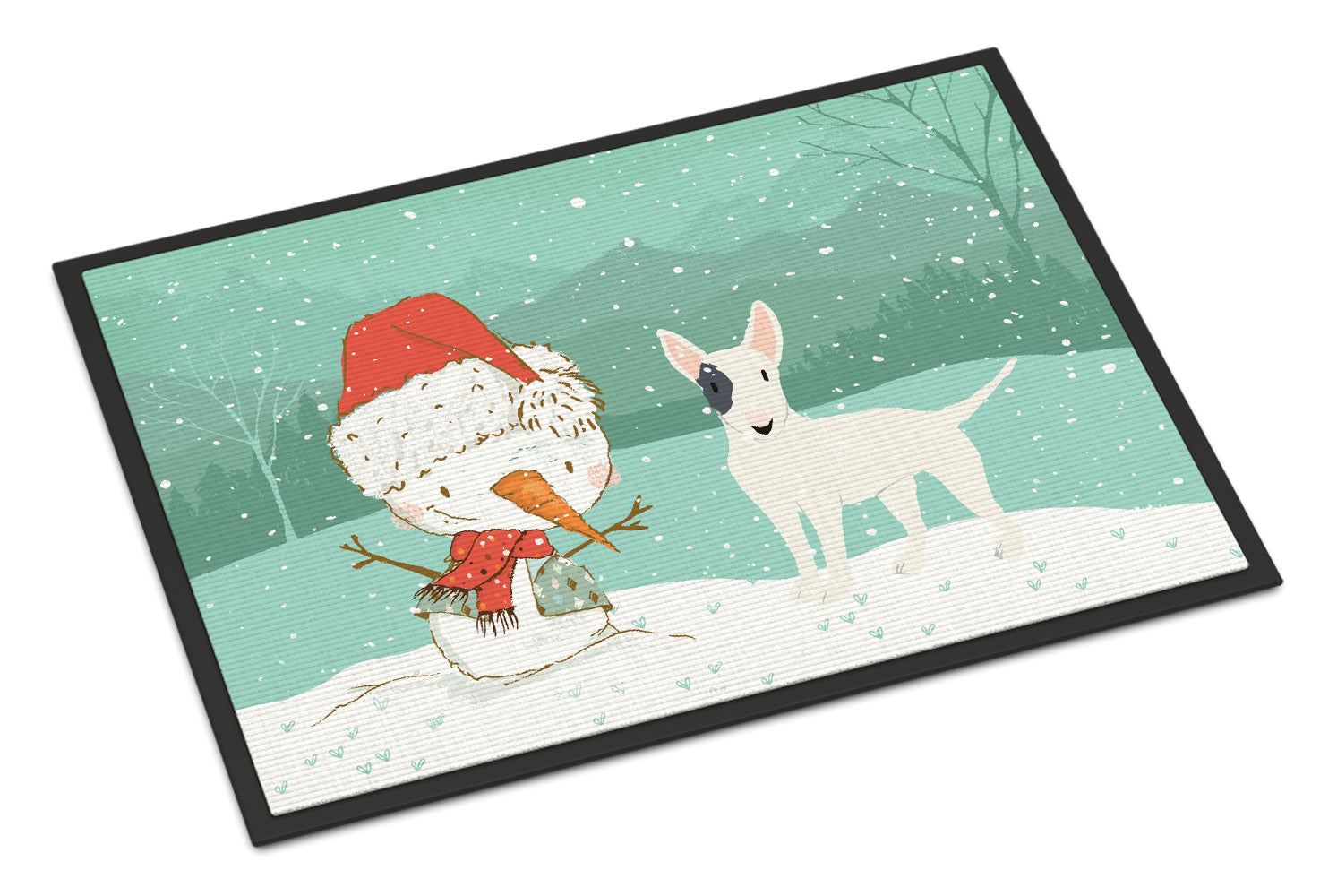 White Spot Bull Terrier Snowman Christmas Indoor or Outdoor Mat 18x27 CK2059MAT - the-store.com