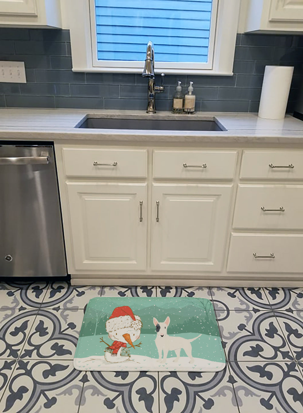 White Spot Bull Terrier Snowman Christmas Machine Washable Memory Foam Mat CK2059RUG - the-store.com