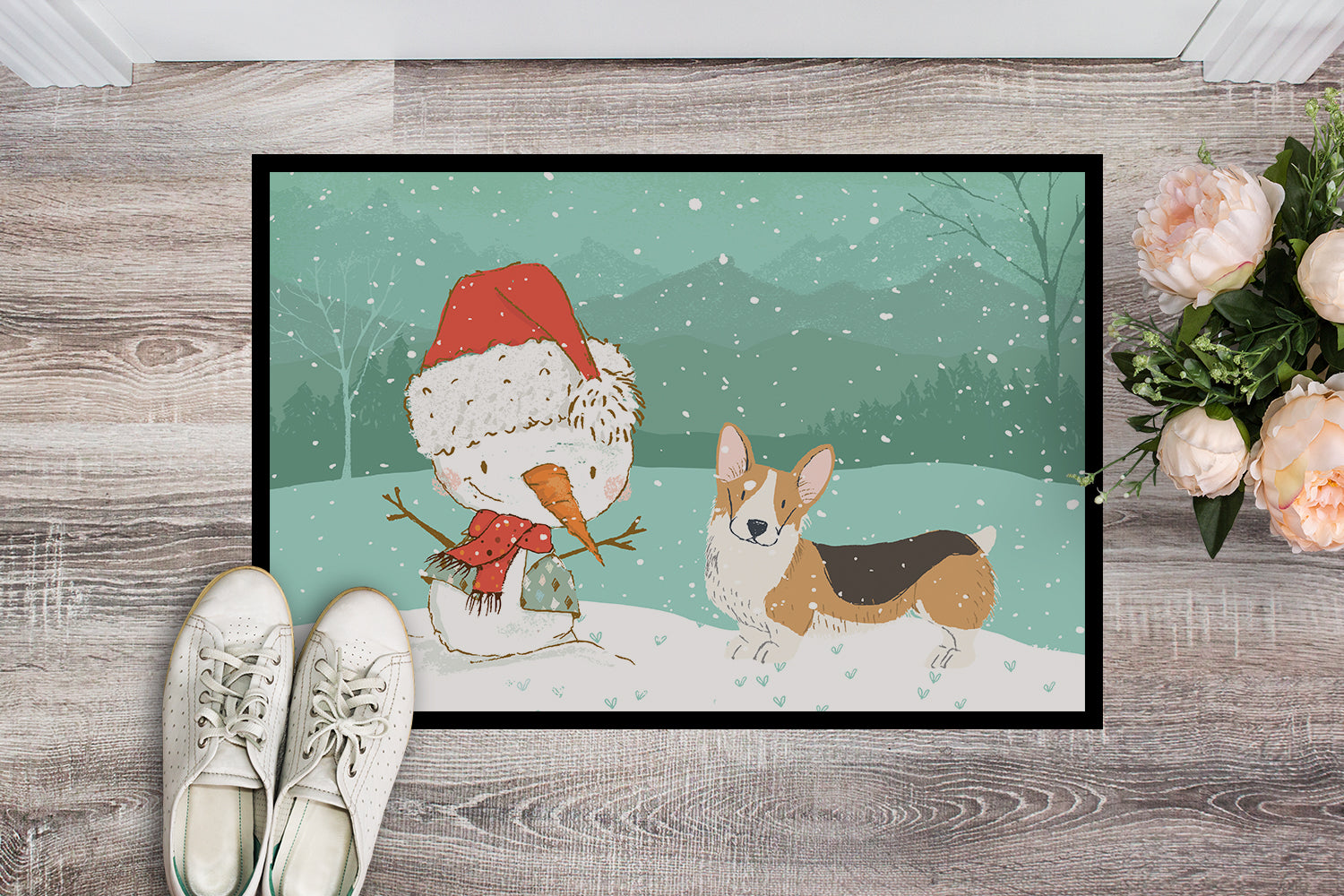 Tricolor Pembroke Corgi Snowman Christmas Indoor or Outdoor Mat 18x27 CK2061MAT - the-store.com