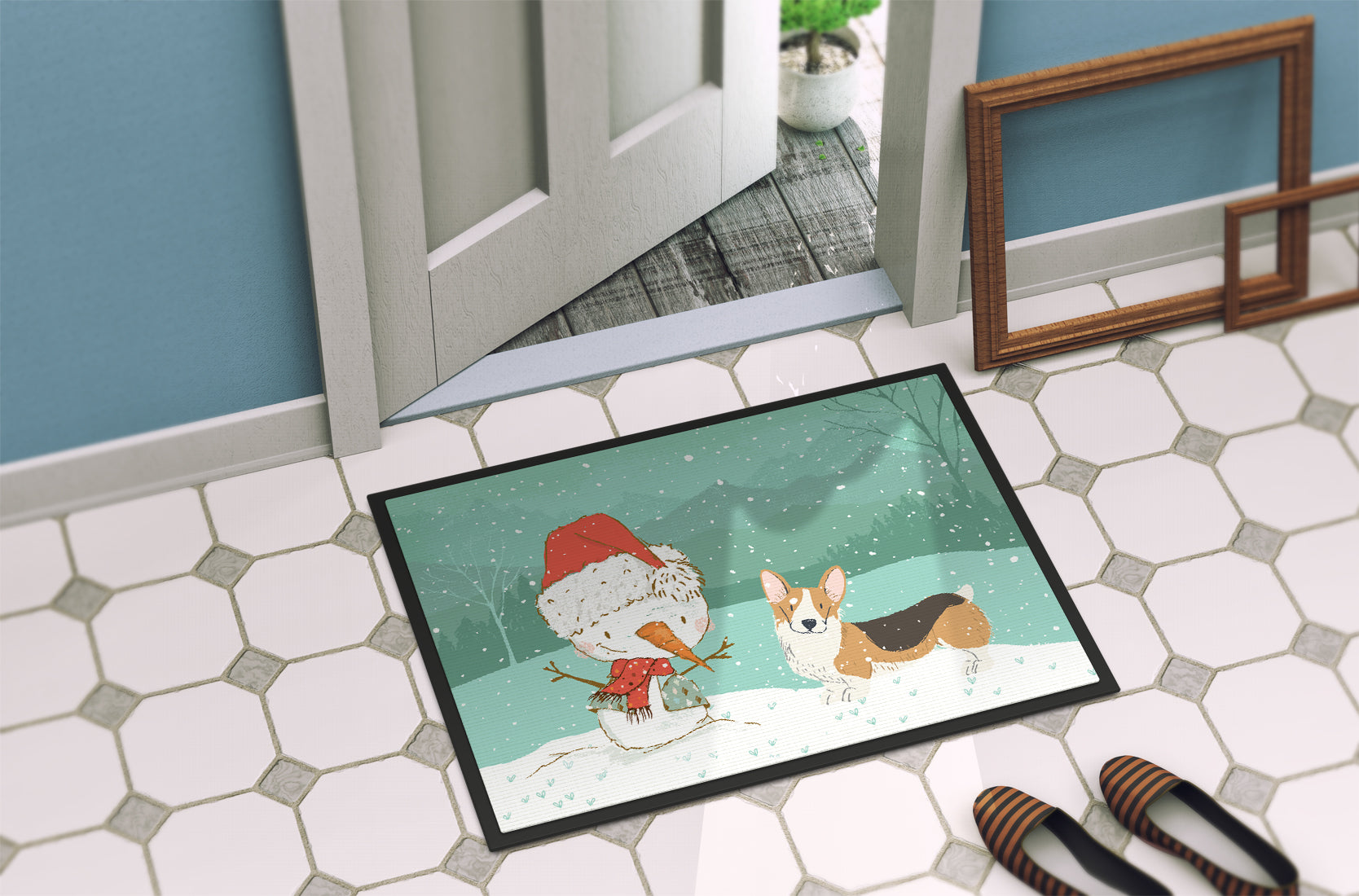 Tricolor Pembroke Corgi Snowman Christmas Indoor or Outdoor Mat 18x27 CK2061MAT - the-store.com