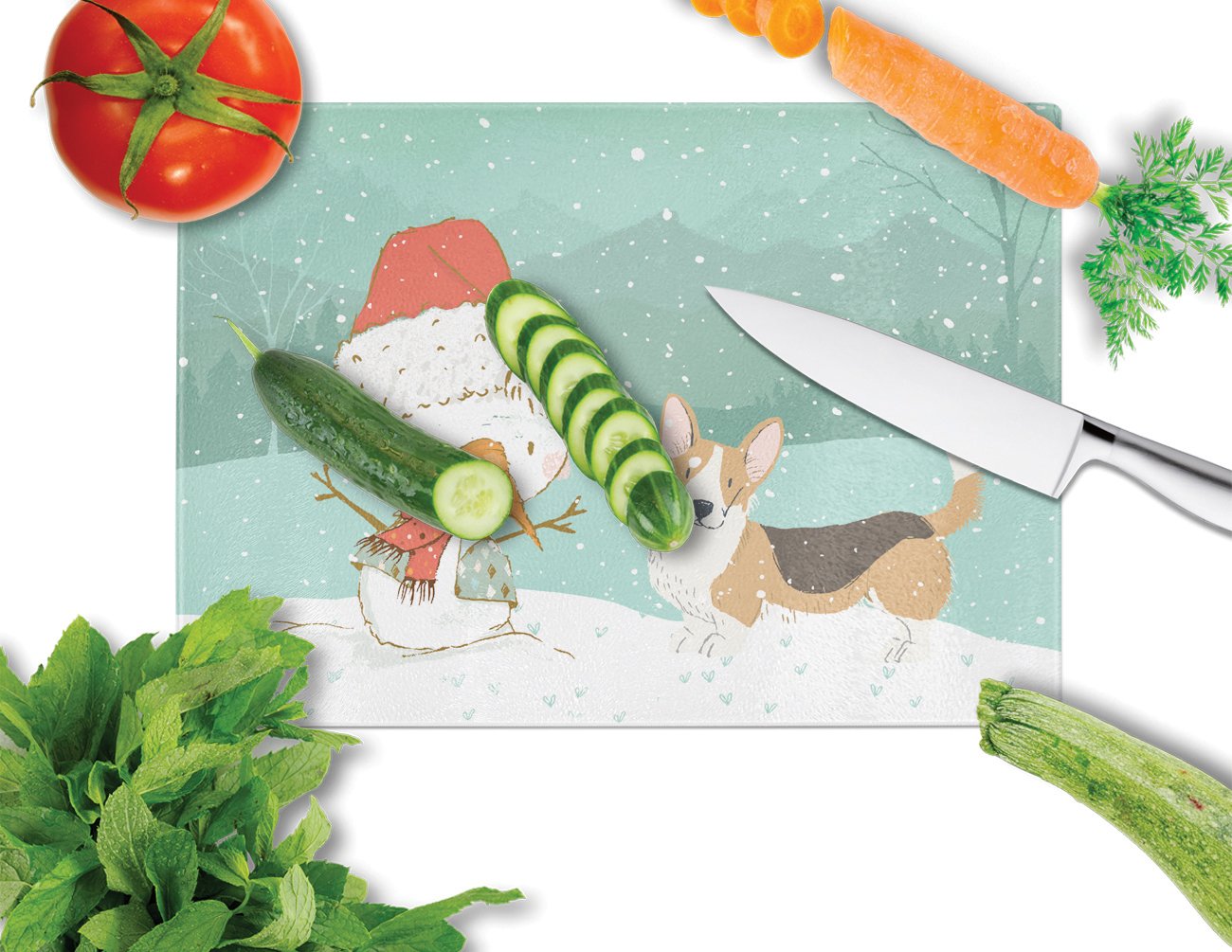 Tricolor Cardigan Corgi Snowman Christmas Glass Cutting Board Large CK2062LCB by Caroline's Treasures