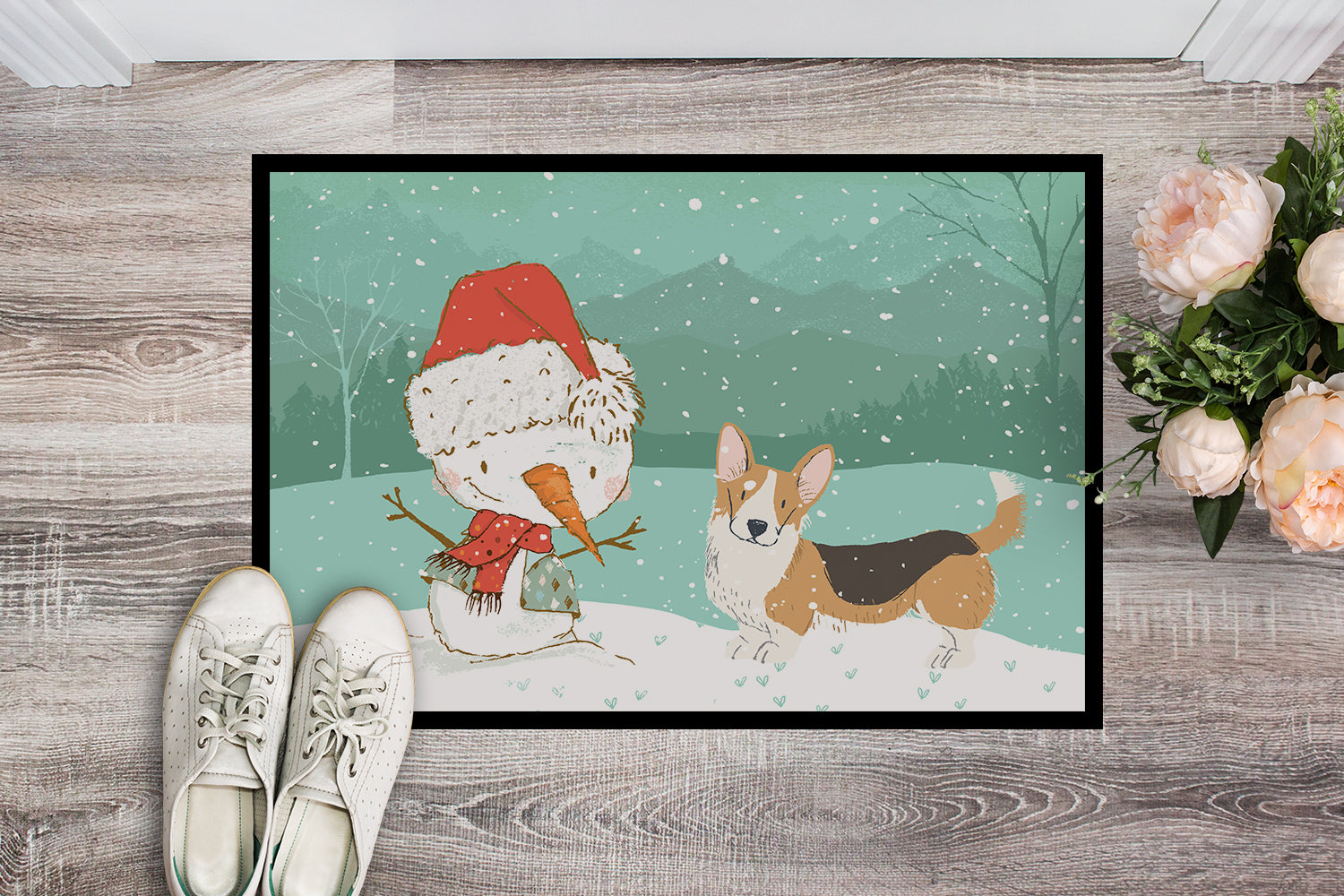 Tricolor Cardigan Corgi Snowman Christmas Indoor or Outdoor Mat 18x27 CK2062MAT - the-store.com