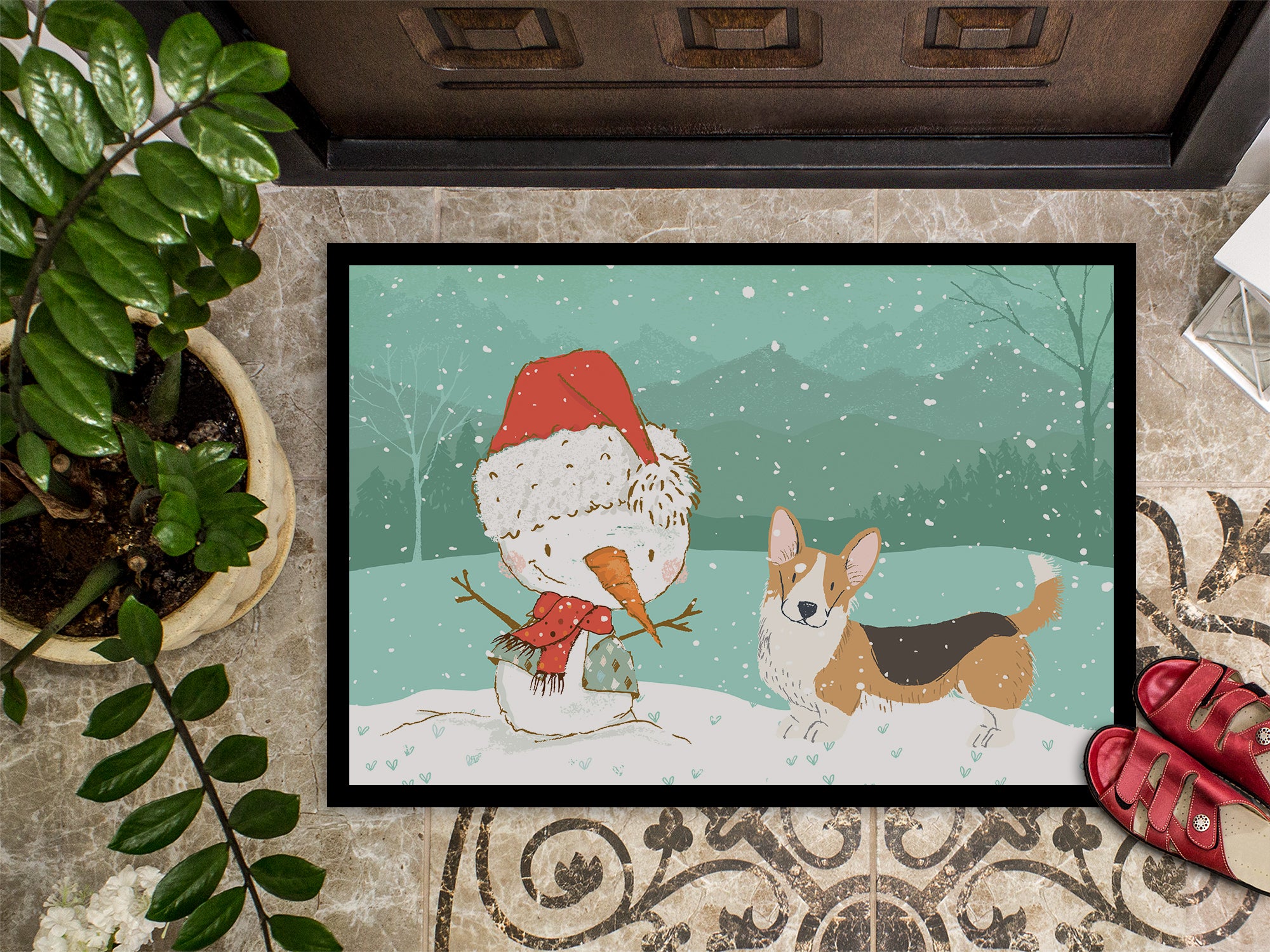 Tricolor Cardigan Corgi Snowman Christmas Indoor or Outdoor Mat 18x27 CK2062MAT - the-store.com