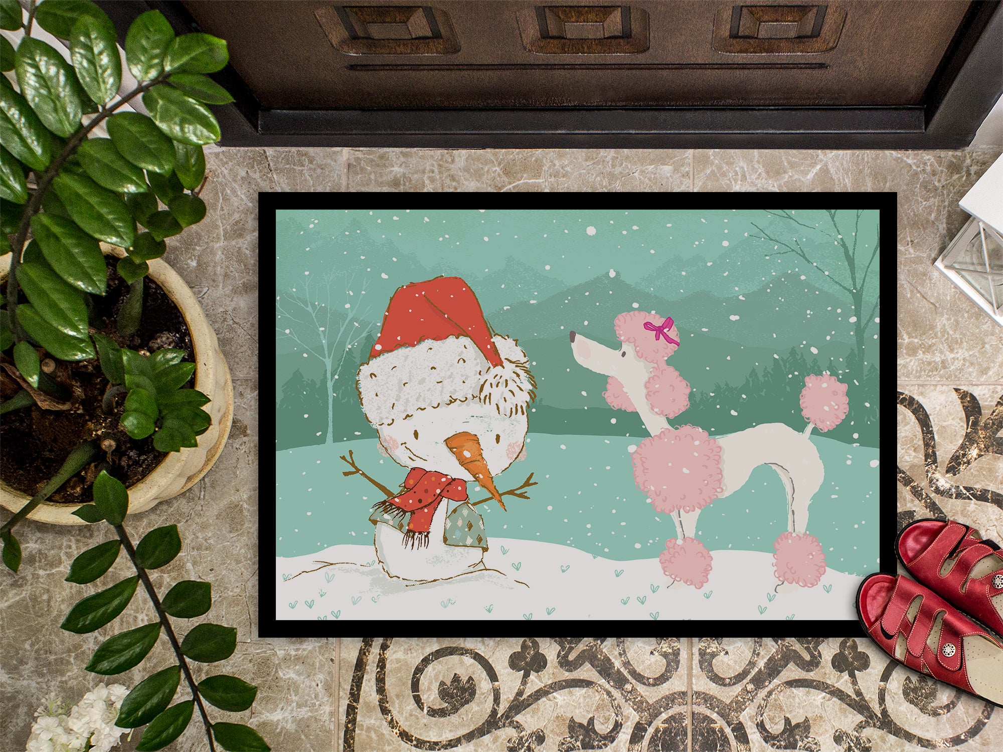 Pink Poodle Snowman Christmas Indoor or Outdoor Mat 18x27 CK2066MAT - the-store.com