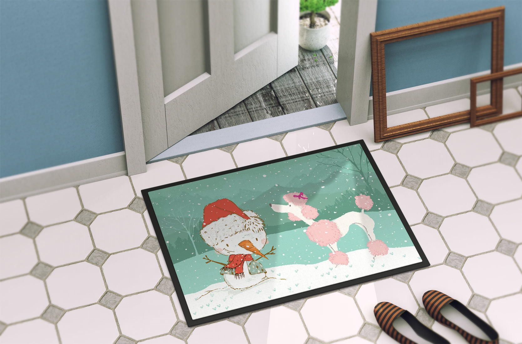 Pink Poodle Snowman Christmas Indoor or Outdoor Mat 18x27 CK2066MAT - the-store.com