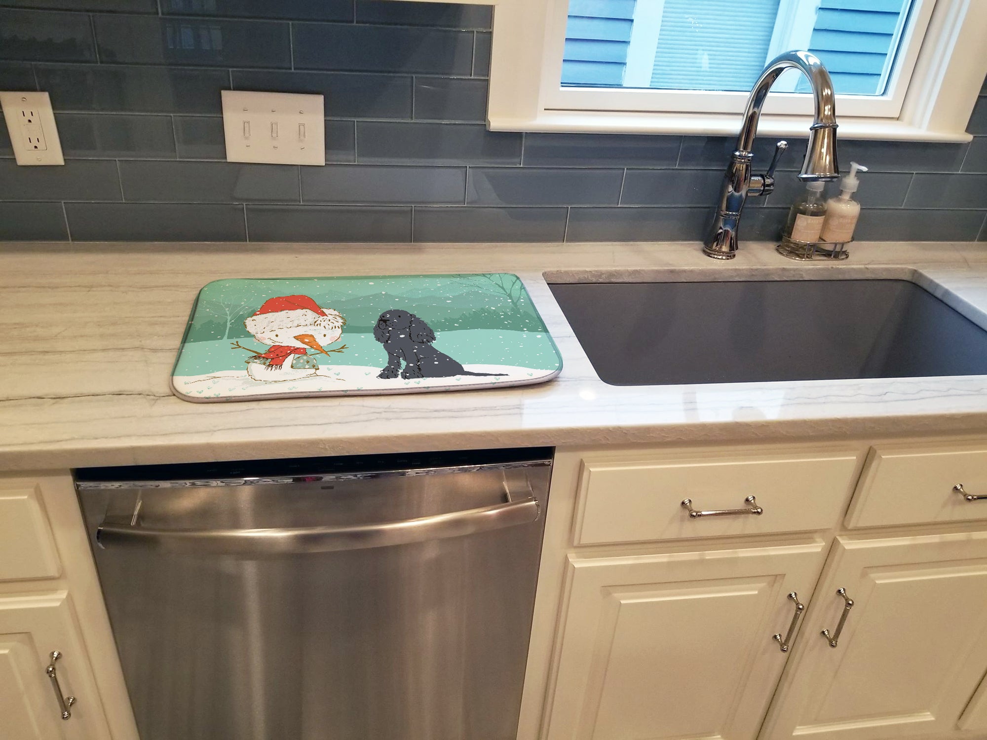 Black Spaniel Snowman Christmas Dish Drying Mat CK2070DDM  the-store.com.
