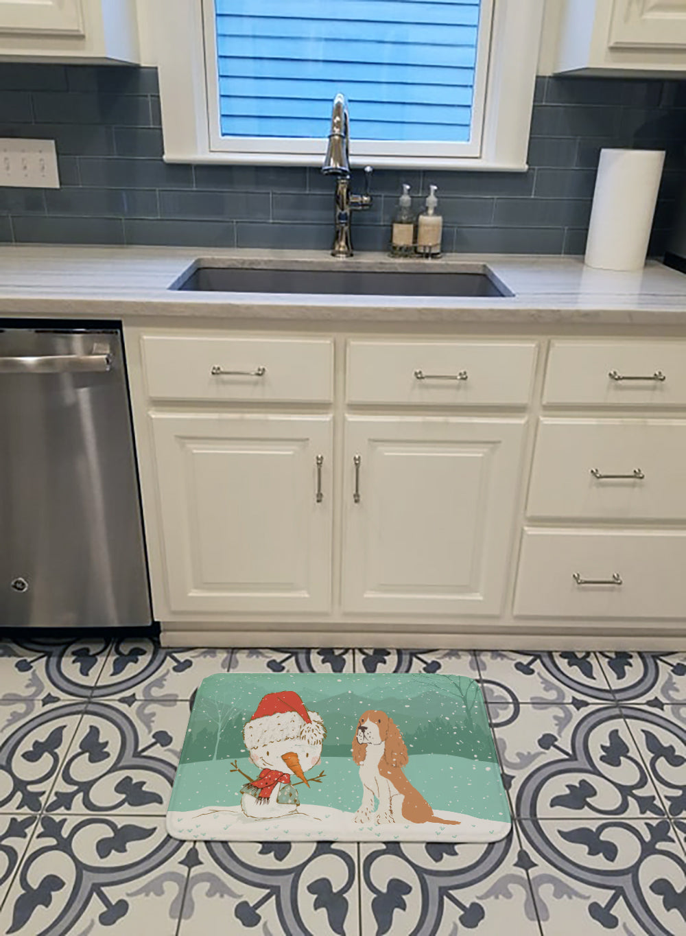 Red Spaniel Snowman Christmas Machine Washable Memory Foam Mat CK2072RUG - the-store.com