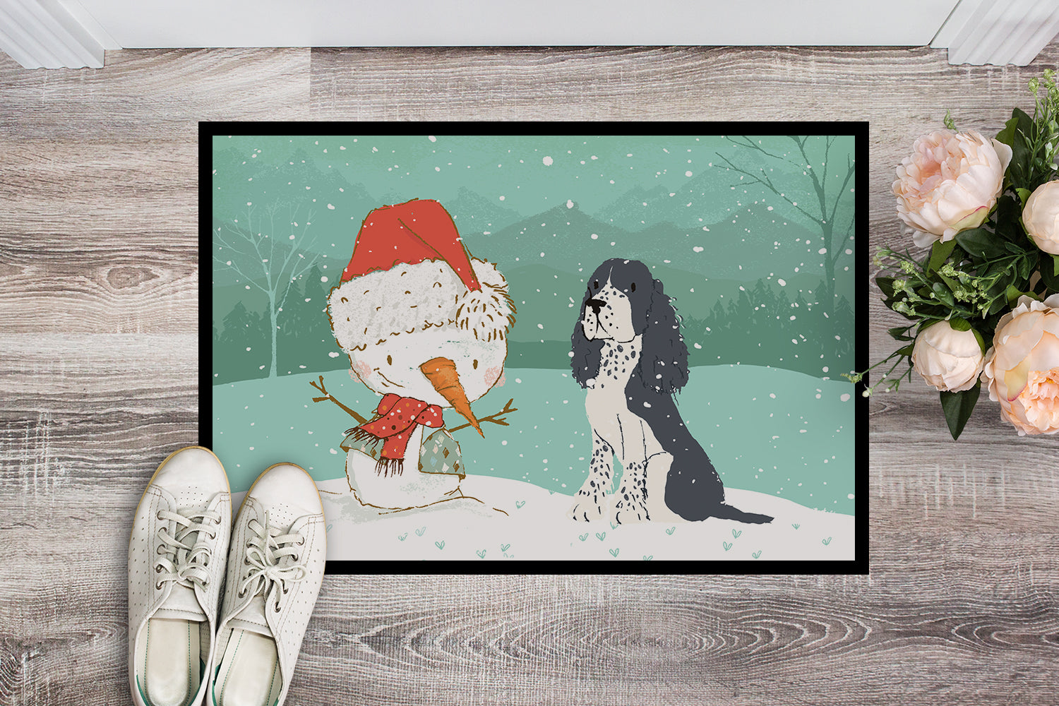 English Springer Spaniel Snowman Christmas Indoor or Outdoor Mat 18x27 CK2073MAT - the-store.com