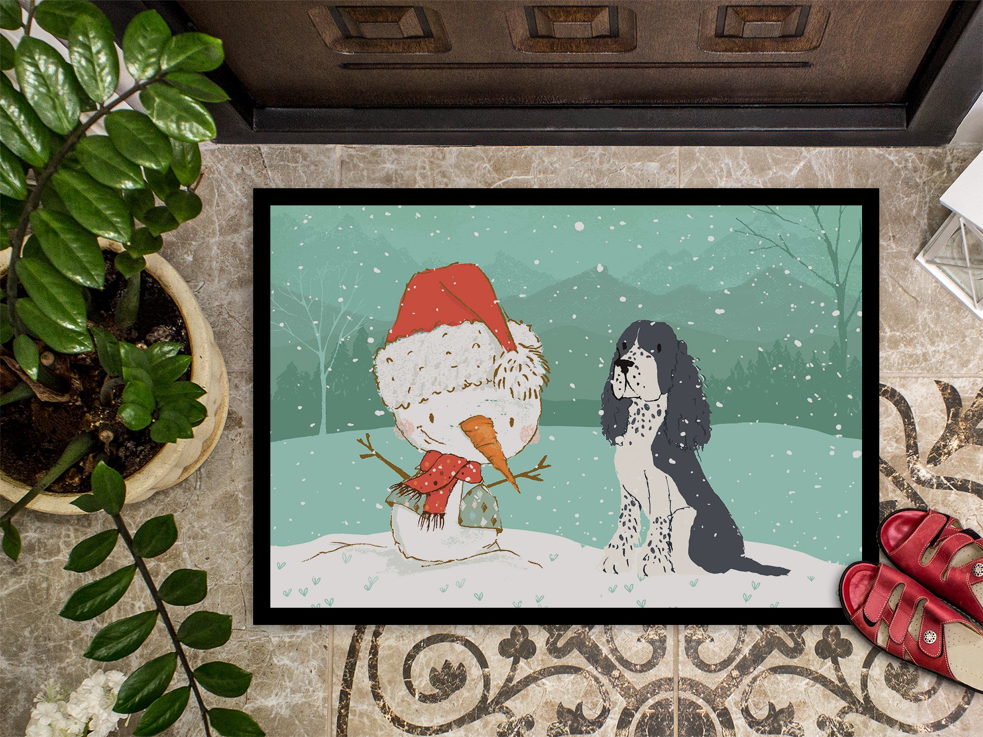 English Springer Spaniel Snowman Christmas Indoor or Outdoor Mat 18x27 CK2073MAT - the-store.com